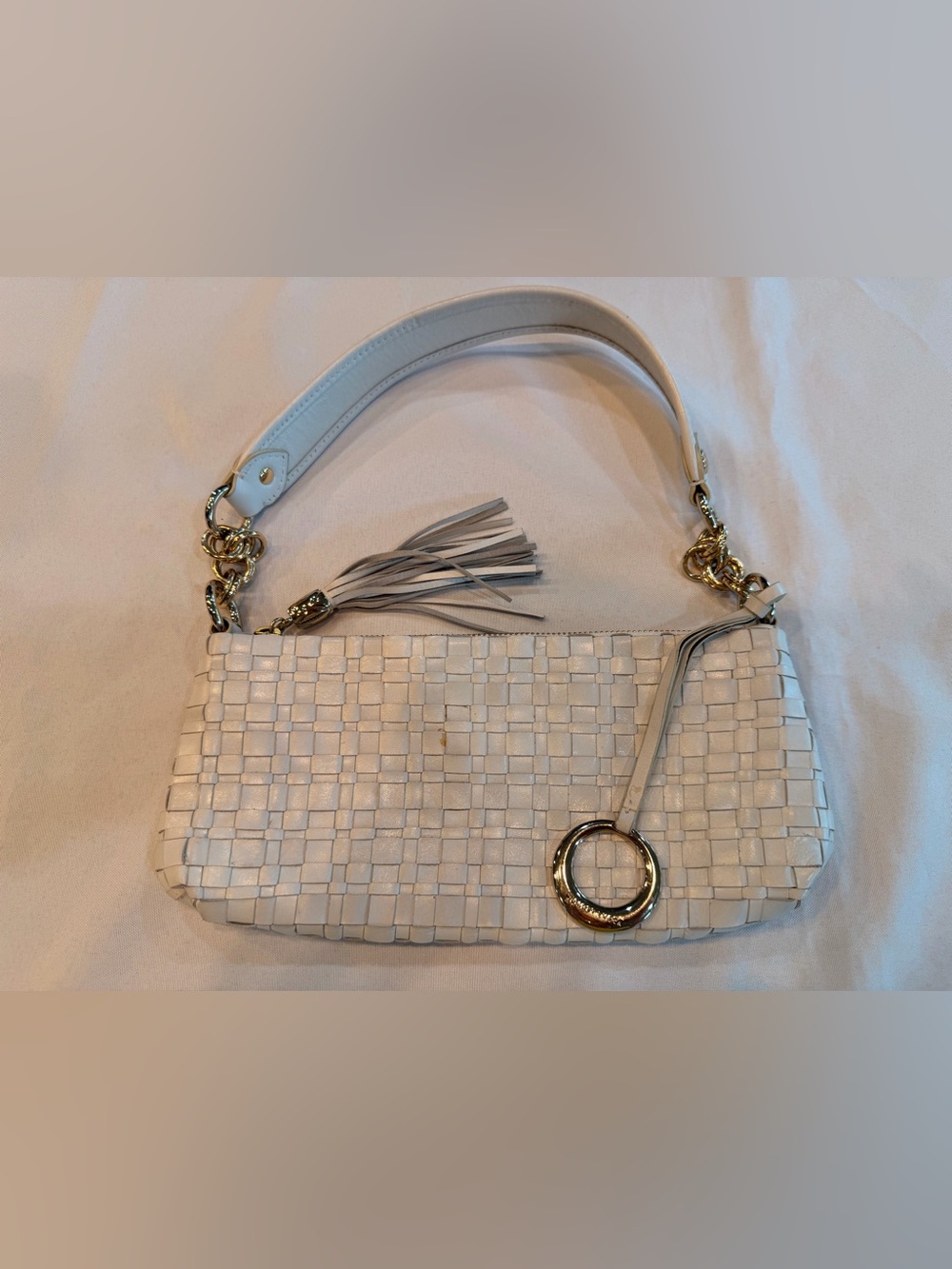 Elliott Lucca White Woven Braided Leather Shoulder Bag with Tassel Gold Tone HW